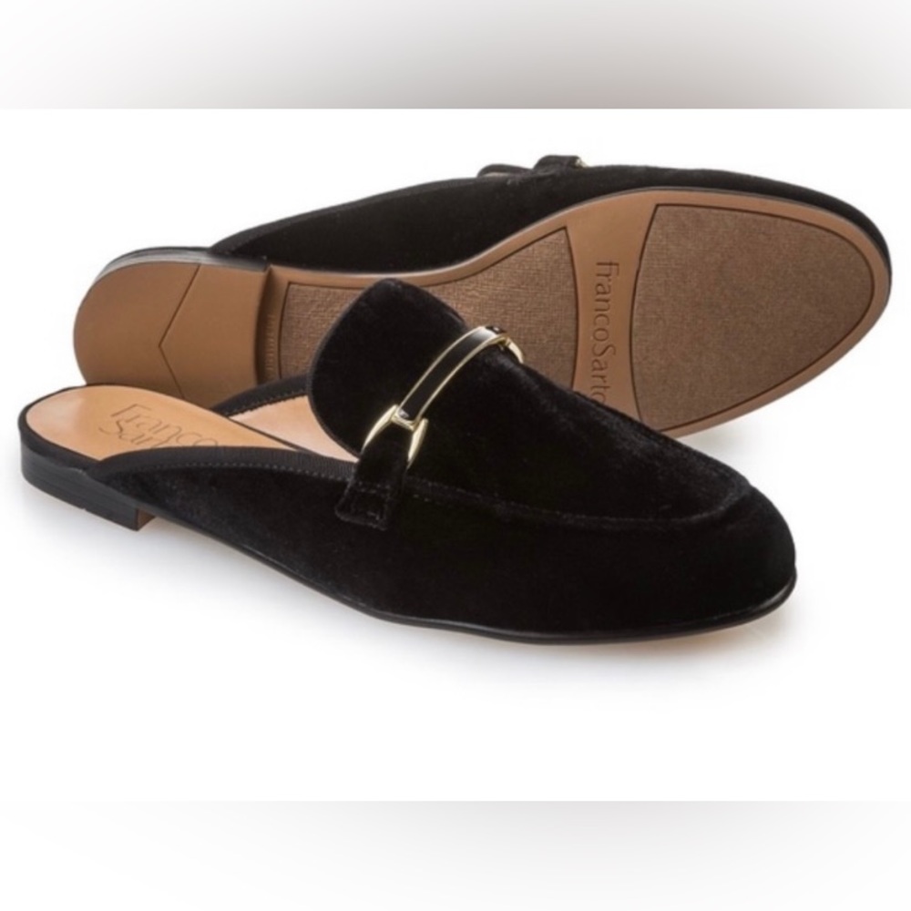 Franco Sarto Velvet Black Mules with Gold Buckle